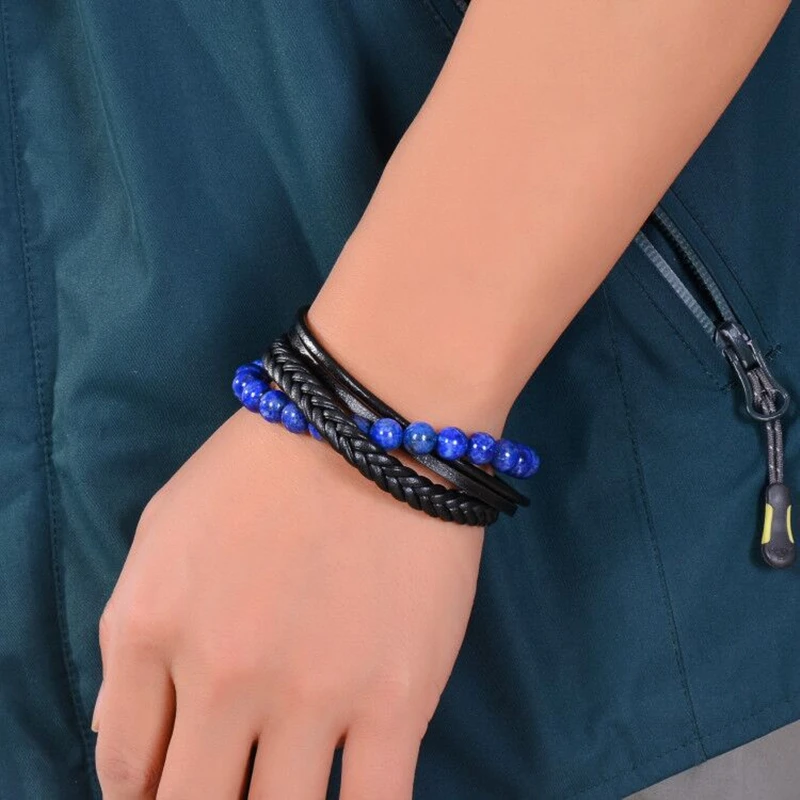 

HIYONG Hot Sale Magnet Bracelet Natural Stone Beads 8mm Bracelet Leather Black Lapis Lazuli for Best Friend