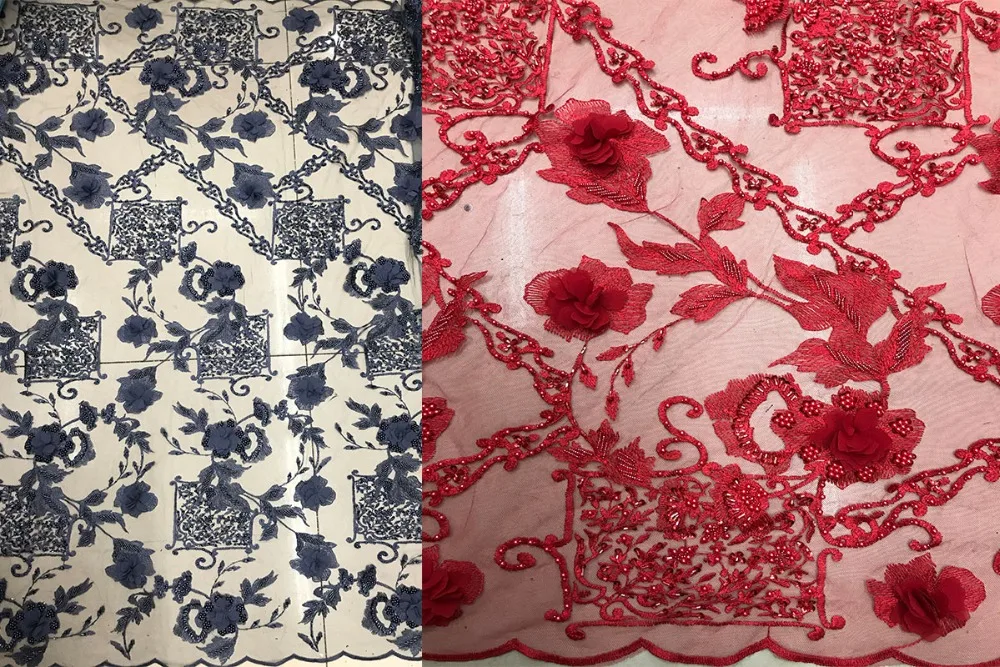 

Red Handmade French Bead Lace Fabric 2013d Flower Sequin Fabric Luxury All-Pearl Bride Lace Fabric 5 yards DYS62