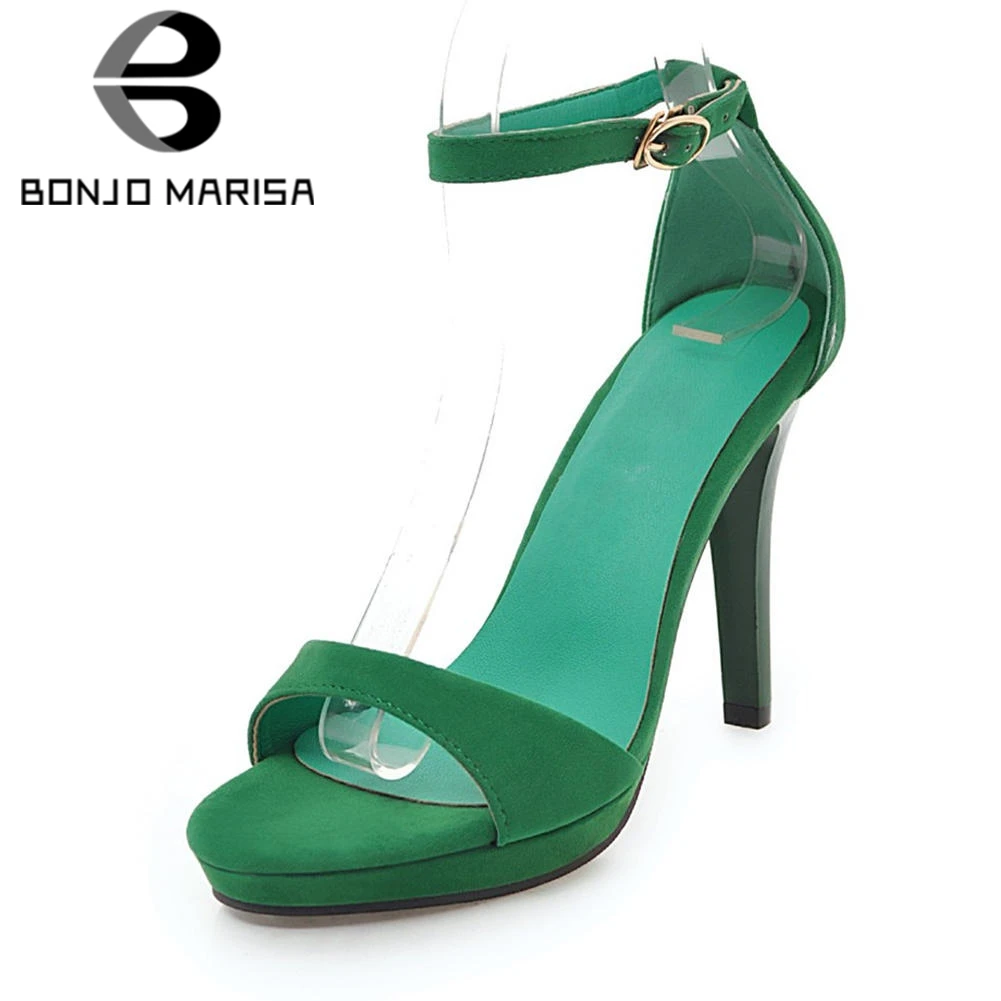 

BONJOMARISA 2020 Summer Big Size 34-43 Elegant Flock Sandals Women Concise Breathable High Thin Heels Shallow Women Shoes