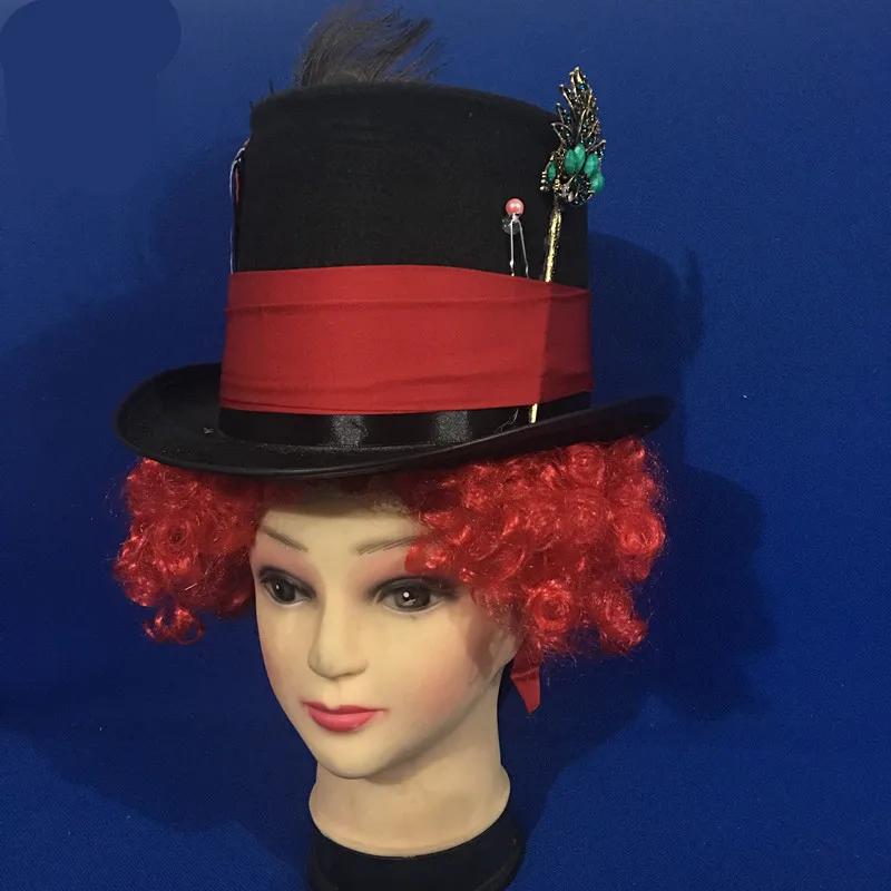Алиса в стране чудес шляпа безумного Шляпника парик для косплея Тарра. оранжево-красный вьющиеся волосы Mr mad шляпа парик роль играют Шляпник Кепки