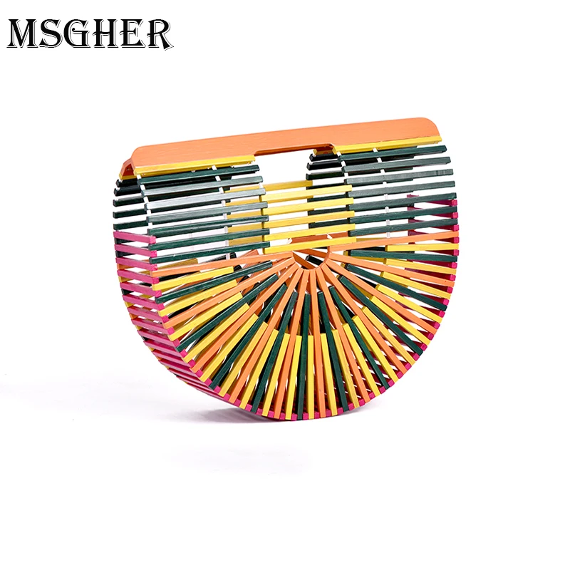 

MSGHER Bamboo Mixed Color Bag Women Wodden Top Handle Bags Female Causal Totes Small Hollow Summer Beach Bags for Ladies SW084