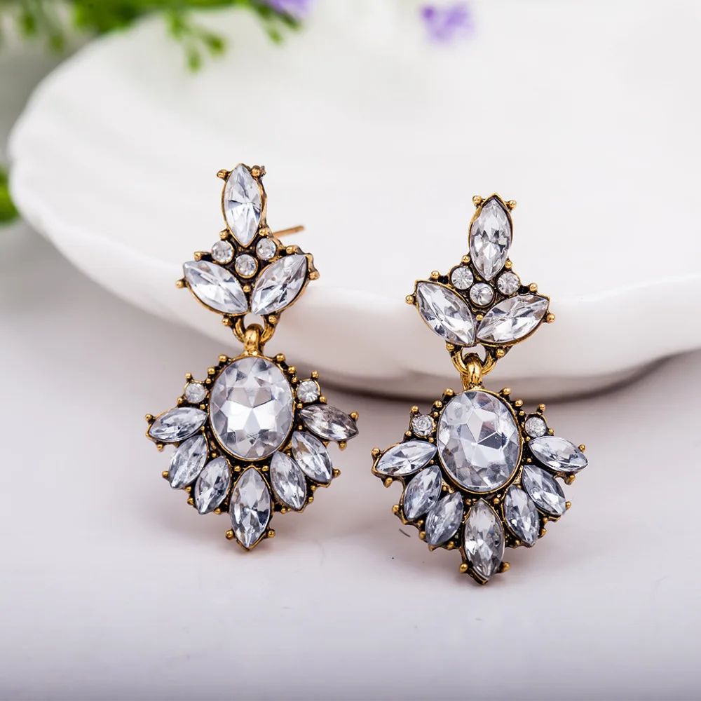 Big Crystal Flower Drop Earring For Women Gold Color Statement Charm