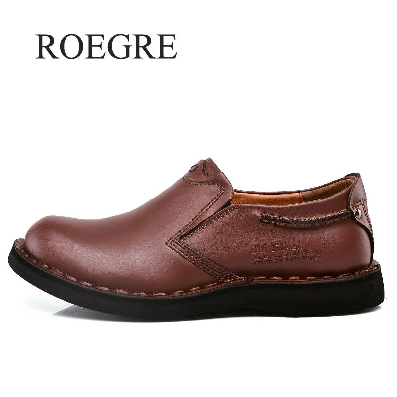 preço ROEGRE Marca Calçados Casuais dos homens de Couro Genuíno Marrom Preto Homens Flats Homens Oxfords Zapatos Hombres Homens Na Moda Costura À Mão sapatos