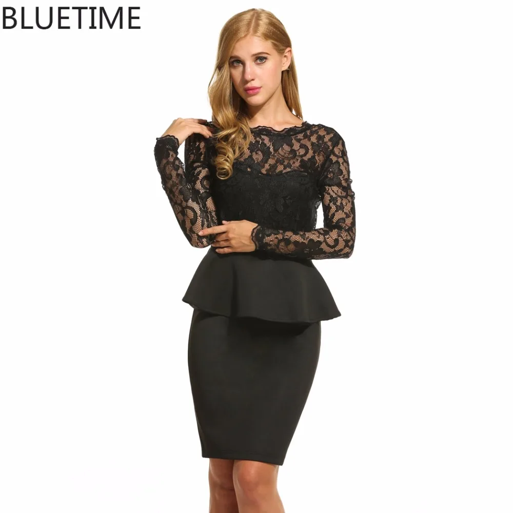 BLUETIME Peplum Slit Floral Lace Dress Women Work Office Black Bodycon Formal Uniform Fake Two 2