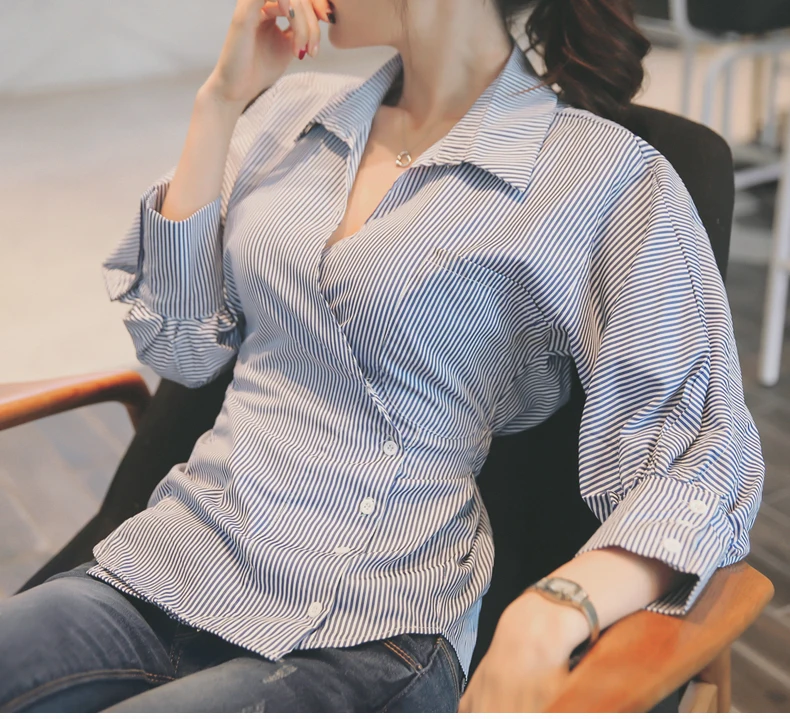  Batwing Puff Sleeve Women Fashion Shirts Buttons V-neck Striped Office Lady Blouse Female Tops Blus