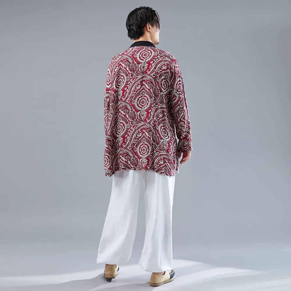 LZJN Long Sleeve Shirt Mens Summer Kimono Cardigan Casual Cotton Hanfu Contrast Color Blouse Male Open Front Trenchcoat (7)