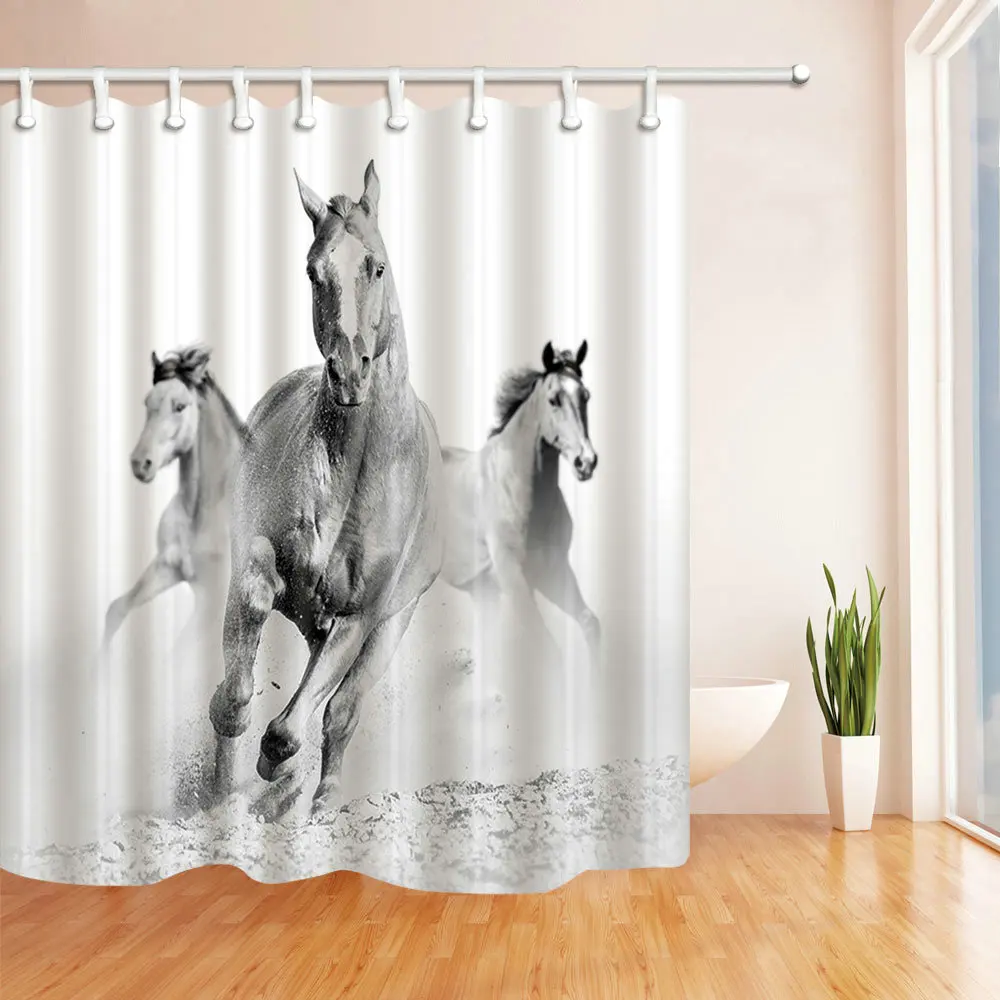 Simple white low key gray running horse shower curtain multi function