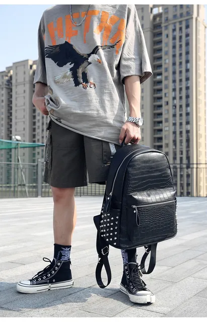 国内で当店のみ Supermade - RIVET CROCODILE-PRINT BACKPACK Custom-Made Crocodile Green Leather Backpack - Design Your