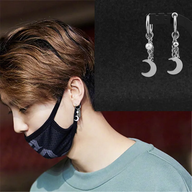 

KPOP DNA Korean Star V 1 Pcs Fashion Jewelry Silver Stud Earrings Moon Pearl Earrings For Women Men Album Accessories