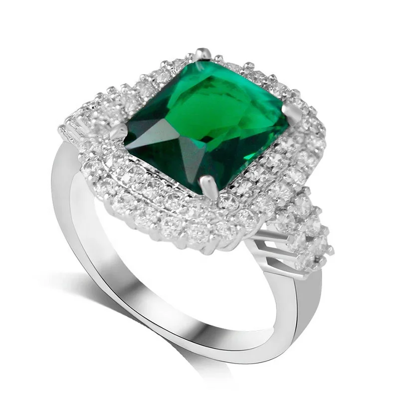 

Drop shipping fluxury perfect cut emerald crystal CZ diamond ring with green stone women ring R179