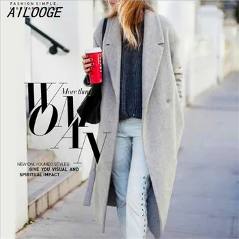 

AILOOGE Women's Grey Wool-like Coats Winter Long Coat 2017 New Design Hollywood Warm X-Long Oversize Imitation Cashmere Coats