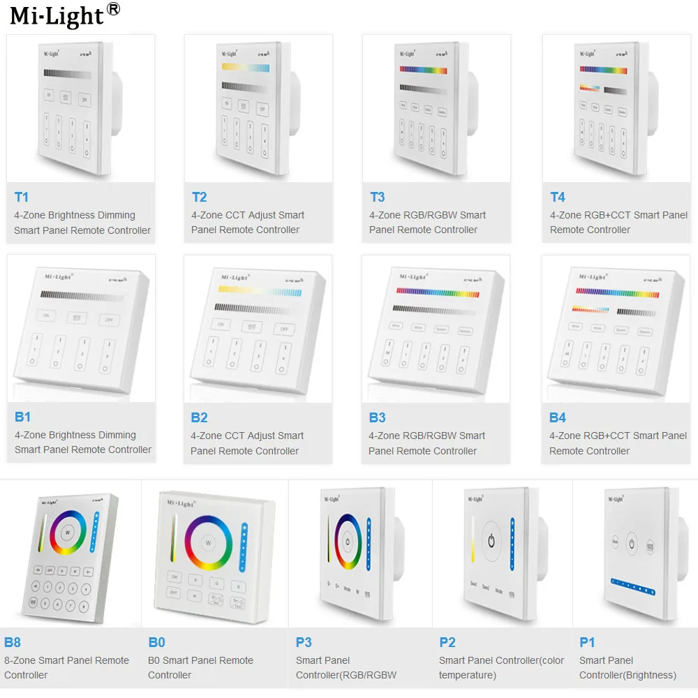 

MiBOXER led Smart Panel brightness/CT/RGB/RGBW/RGB+CCT Remote strip light Controller P1/P2/P3/T1/T2/T3/T4/B0/B1/B2/B3/B4/B8
