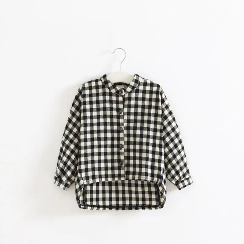 

Girls shirt 2018 autumn new black and white plaid cotton long-sleeved girls shirt irregular bottom children's clothes 2-7 years