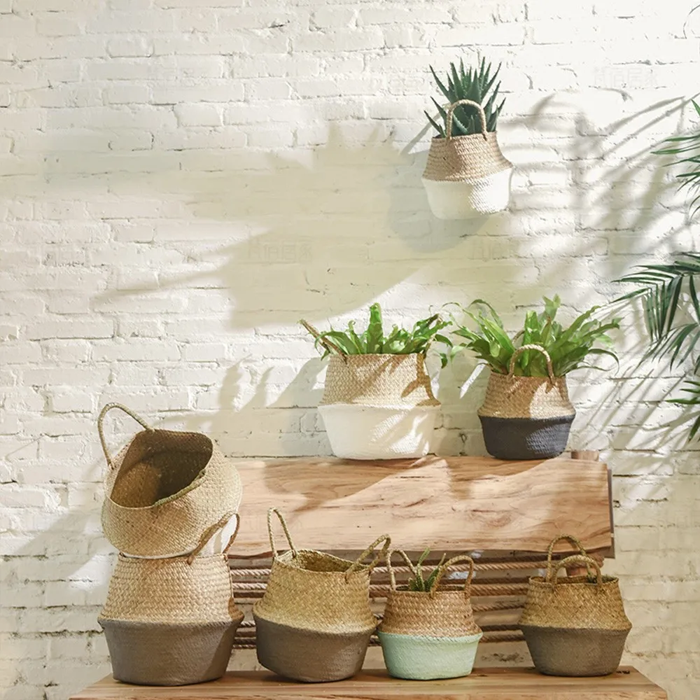 اليدوية سلات تخزين طوي الغسيل القش خليط الخوص الروطان الأعشاب البحرية بطن أصيص أزهار الحديقة الغراس سلة خيزران