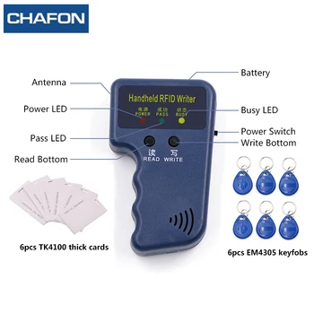 

Chafon handheld rfid 125khz reader em4100 key fob duplicator (with 6pcs tk4100 thick cards+6pcs writable keyfobs)