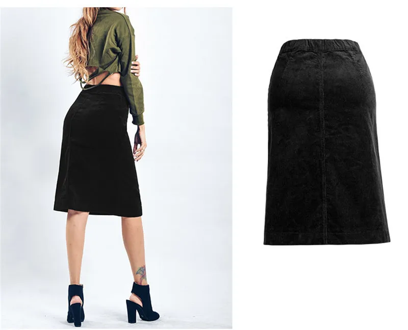 Autumn a-line skirt corduroy skirt in the long high waist slit skirt multi button pocket skirt (5)