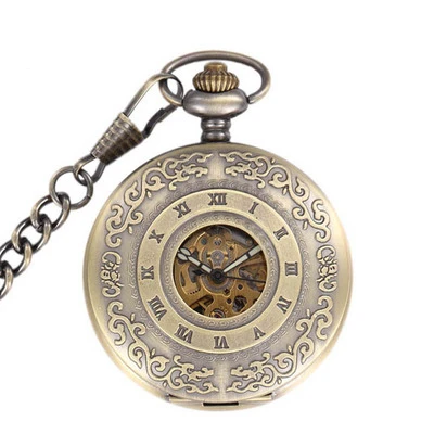 

2019 Top Brand Fashion Casual Men Stainless Steel Mechanical Pocket Watch Skeleton Dial Bronze Hand Wind Male Fob Chain Watches