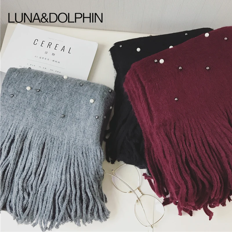 

Luna&Dolphin Designer Women Winter Warm Knitted Scarf Pearl Nail Bead Soft Scarves Tassel Woolen Big Tippet Pashmina Blanket