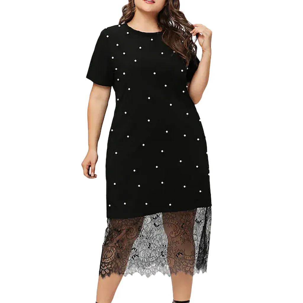 SAGACE Fashion Women Plus Size Casual O-Neck Short Sleeve Pots Printed Lace Dress Dot A-Line Summer Casual travel Dress July 17