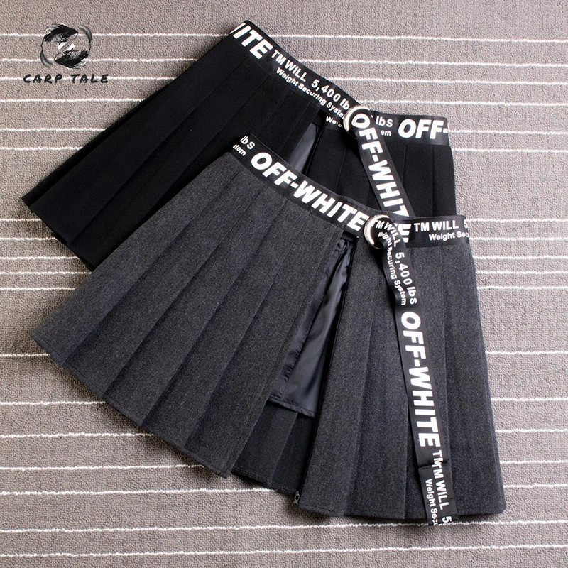 

2019 new autumn and winter wool pleated skirt female student short skirt webbing retractable zipper waist high waist skirt