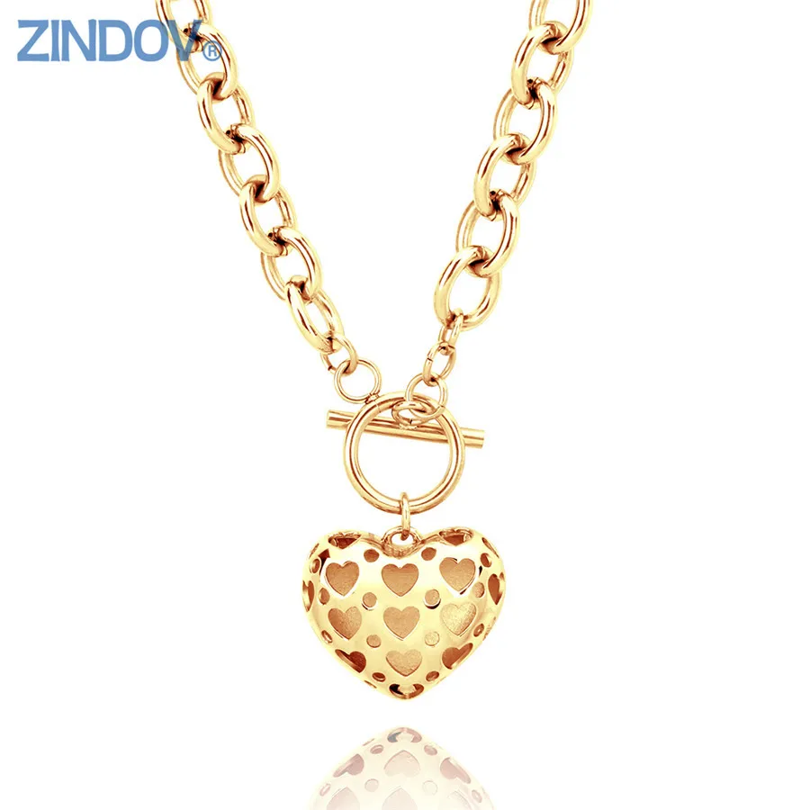 

ZINDOV Heart Necklace Stainless Steel Women Gold Necklaces Pendants Rose Gold Big Fashion Brand Statement Jewelry Females 2017