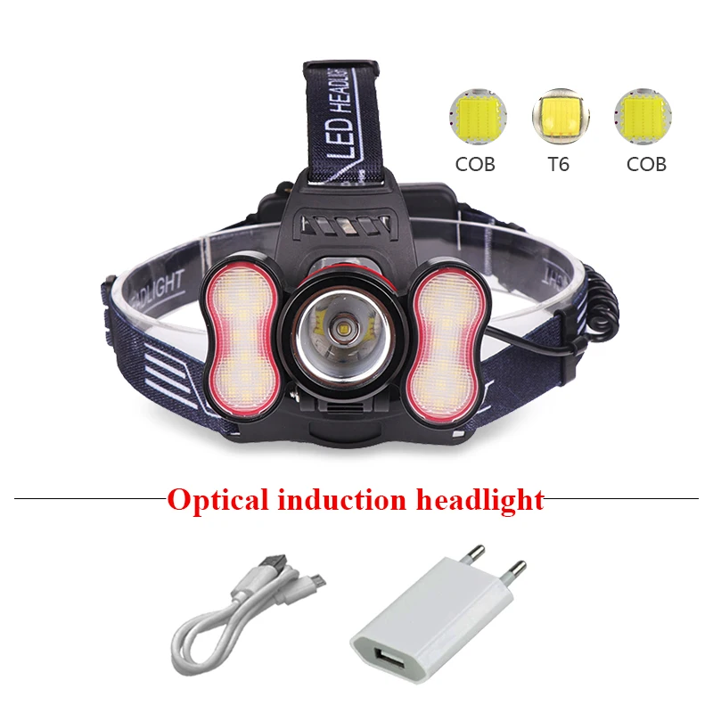 Cob светодиодные фары 18650 фар ночью на лошадях usb Светодиодная лампа датчик фара cree xml t6 Кемпинг заряда головой факел Фара