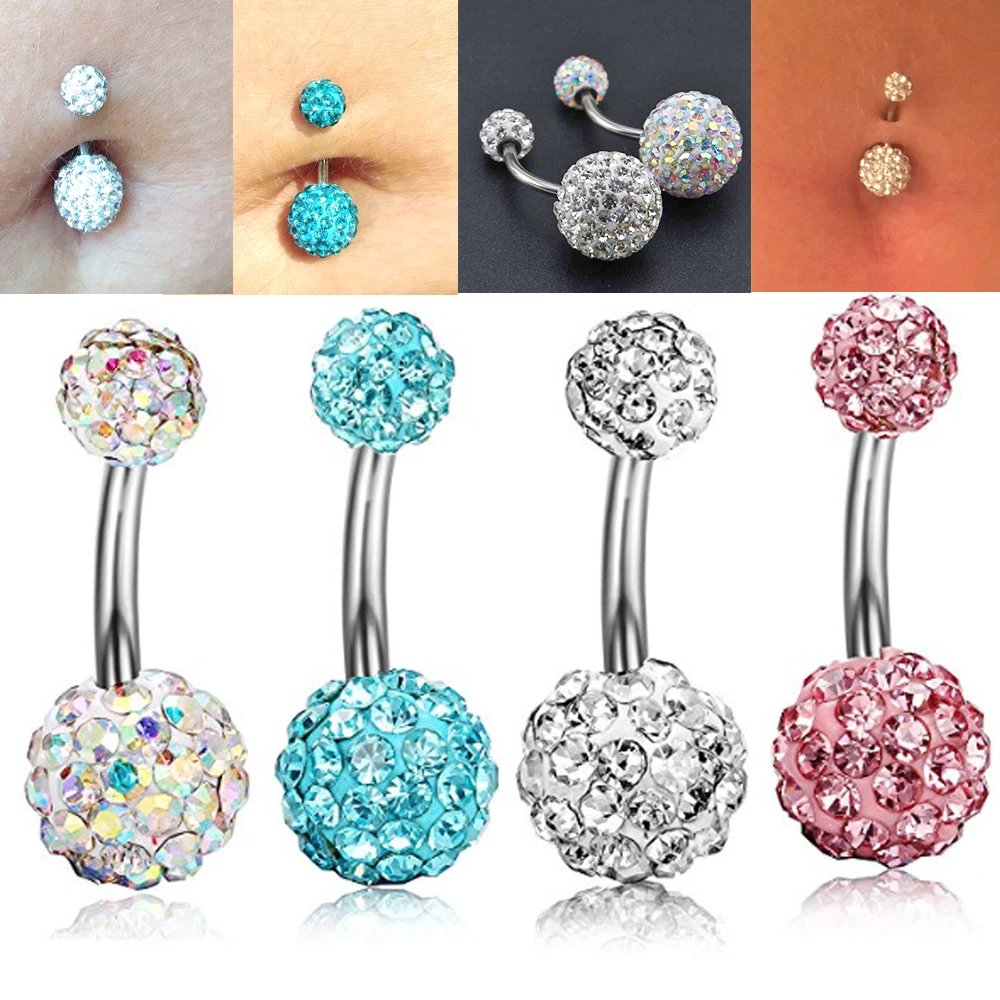 Belly Bars Navel Button Bar Piercing Jewellery Ring Surgical Steel Crystal Ball