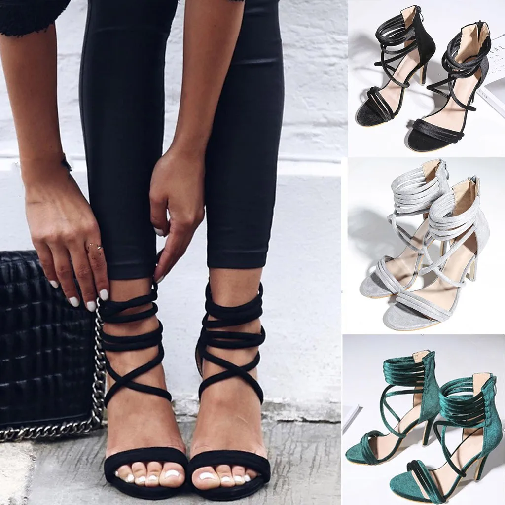 

women pumps 2019 ankle straps high heel suede Open Toe Spike Cross Tied Solid Colors Party Wedding Female Single Ladies Shoes