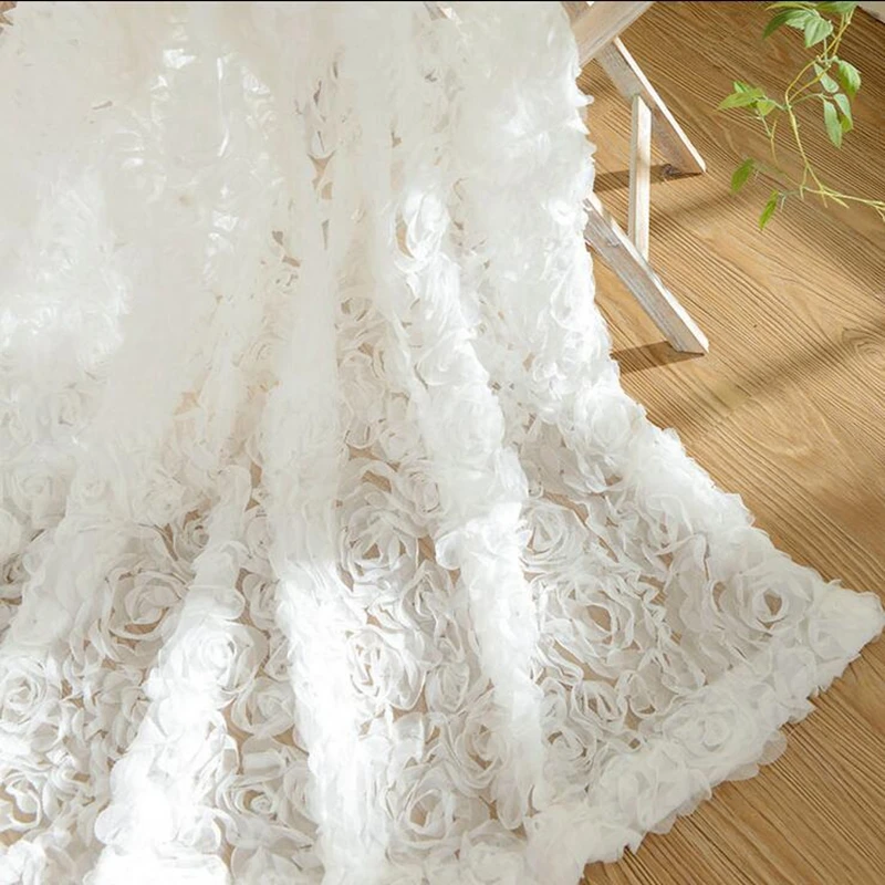 Korean Creative White Lace 3D Rose Curtains Voile Custom,Window Screens For Marriage, Living Room Bedroom French Window Tende