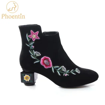 

Phoentin embroider ankle boots strange heels flower 2019 nature suede women boots black with zipper elegant ladies shoes FT567