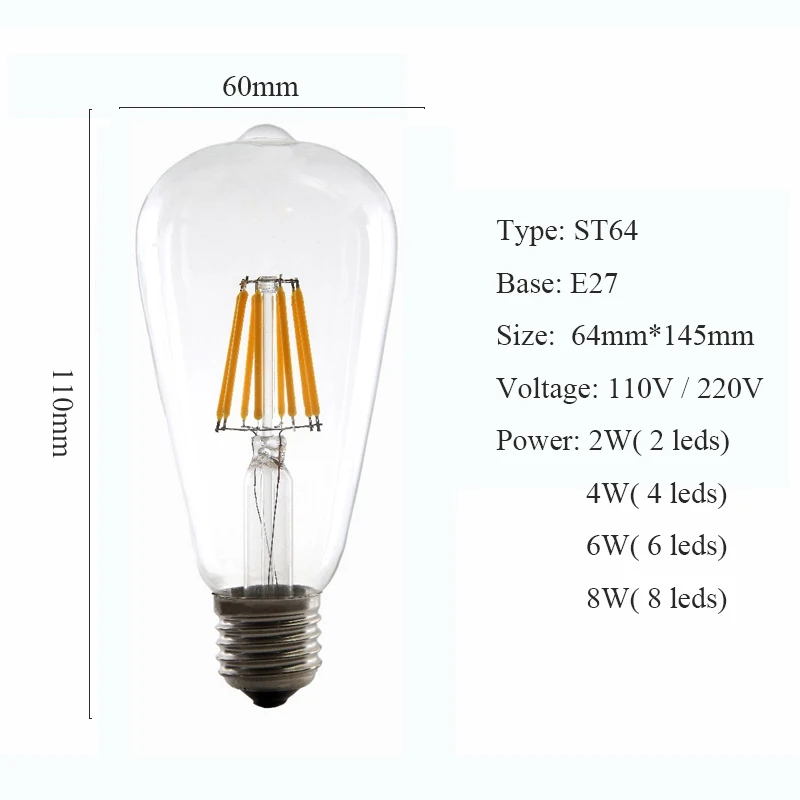 Винтажный 2 Вт 4 Вт 6 Вт 8 Вт светодиодный лампочка эдисона E27 110 В 220 В Ретро ампульная лампа Эдисона лампа накаливания Эдисона прозрачное Янтарное покрытие светодиодный лампочка