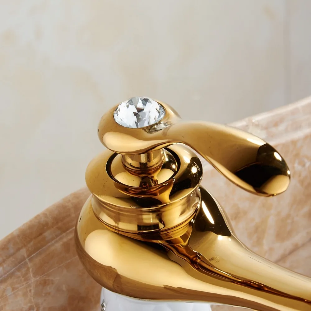 Online Bad Waschbecken Wasserhahn Gold Becken Einzigen griff Armaturen Diamant Wasser Mischer Kran Heiß Kalt Chrome Bad Messing Mischbatterie ML201