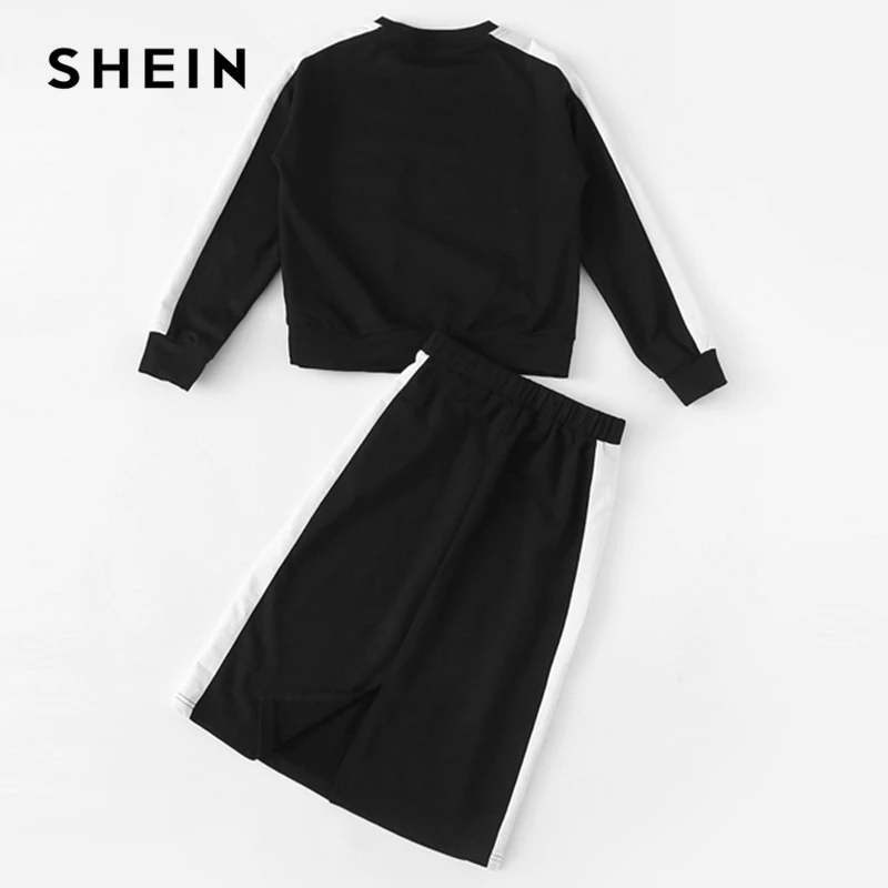 SHEIN/Черный Повседневный Топ с буквенным принтом и юбка для девочек; комплект из двух предметов; детская одежда; коллекция года; Весенний комплект детской одежды с длинными рукавами