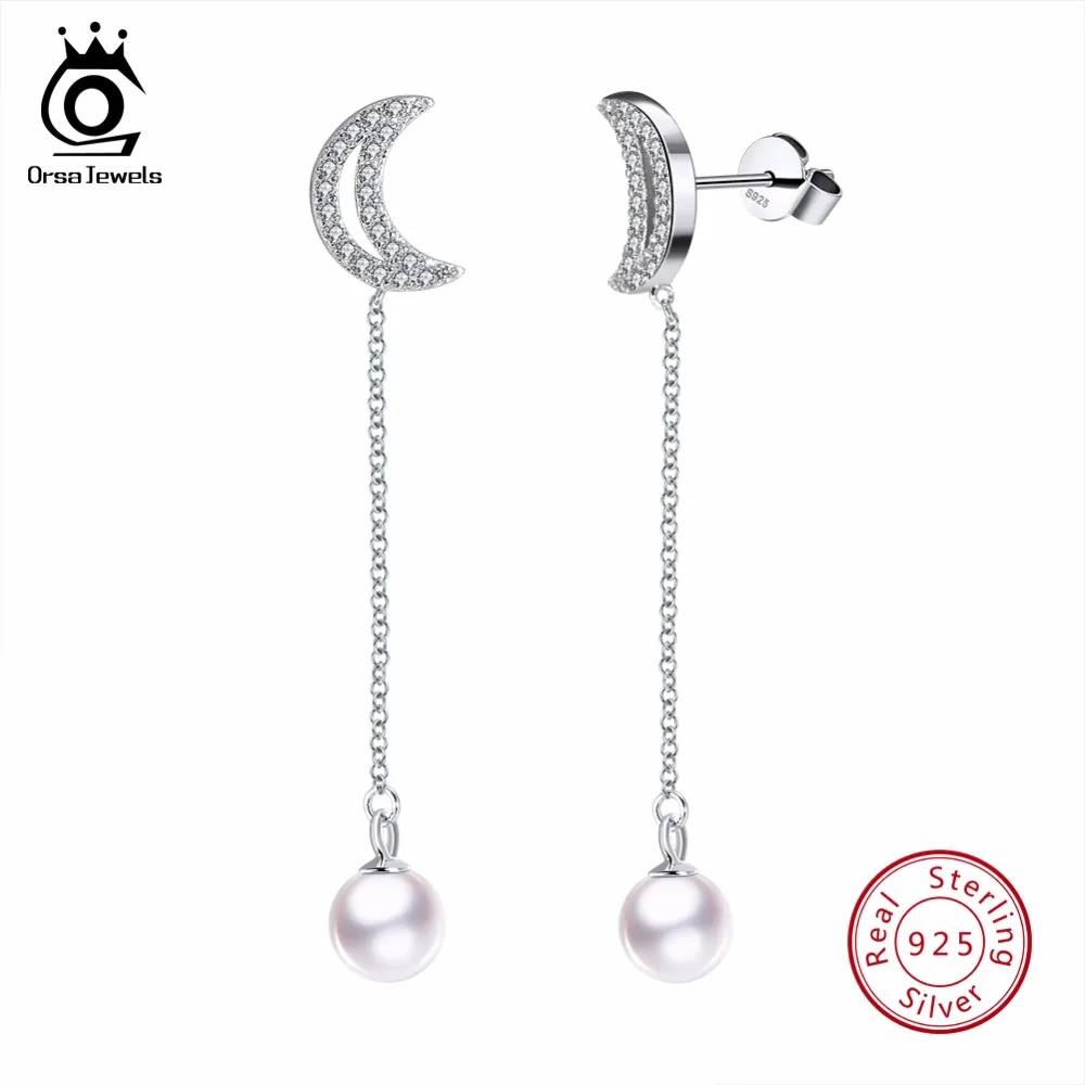 

ORSA JEWELS 100% Real Sterling Silver Women Earrings Long Dangle Earring Cultured Pearl With Moon Chain Line Female Jewelry SE61