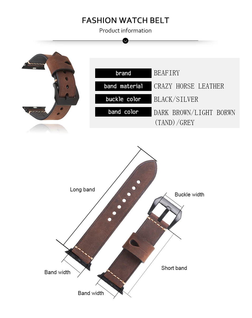 BEAFIRY For Apple watch iwatch Watch Band Straps 42mm Genuine Crazy Horse Calfskin Leather Dark Brown Light Brown Grey