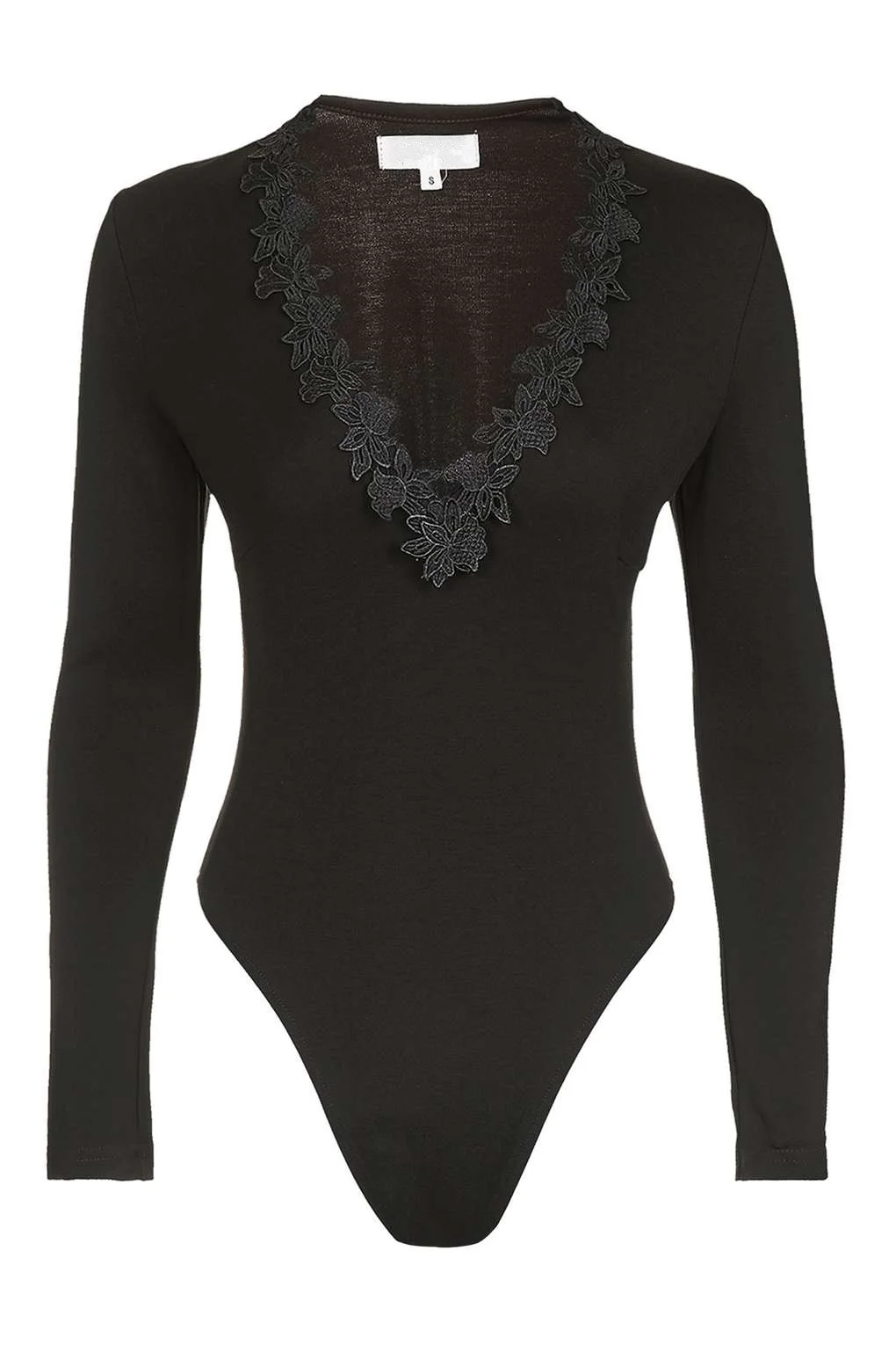 Flower Lace V Neck Bodysuit Black Long Sleeve Romper Stretch Bodycon