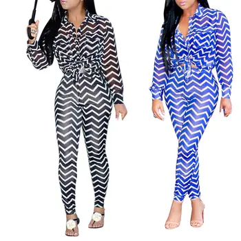 

New 2017 Women Summer Spring Wave Stripes Printed Long Sleeve Lace Up Shirt High Waist Pants Two Piece Set Ladies Suits