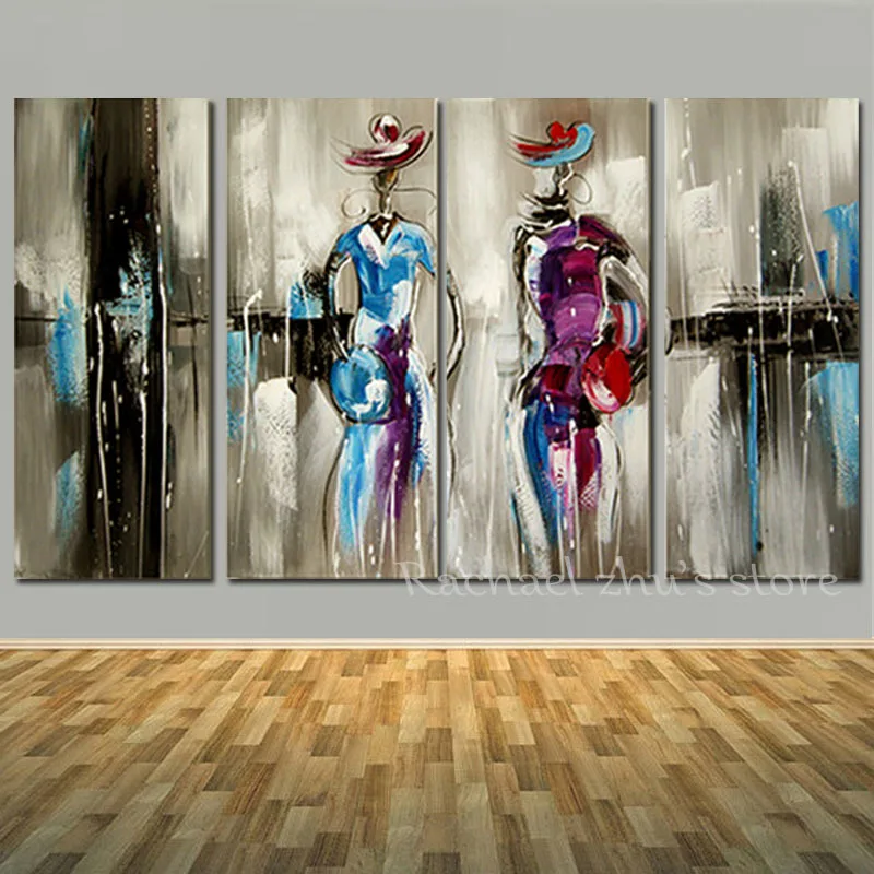 

Hand Painted Modern Woman Oil Paintings On Canvas Figue Art Girl In Dress 4 Pieces Wall Art Picturers For Living Room Home Decor
