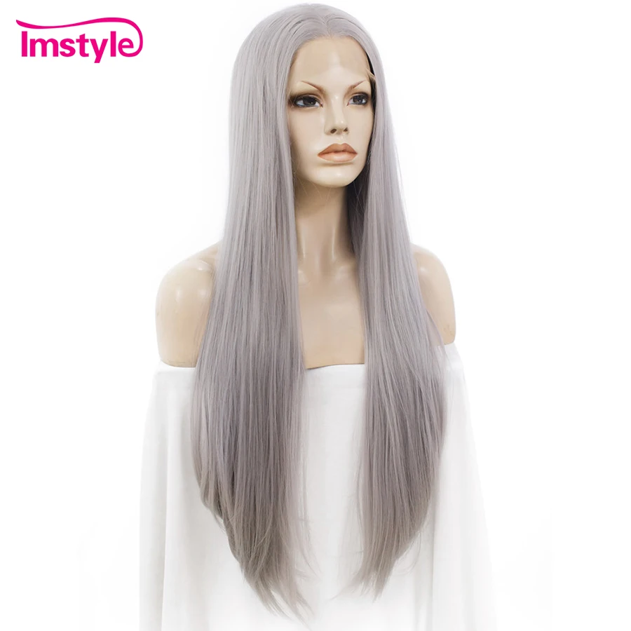 Peluca frontal de encaje Imstyle pelucas largas grises rectas para mujer Peluca de encaje sintético de fibra resistente al calor para mujer cosplay
