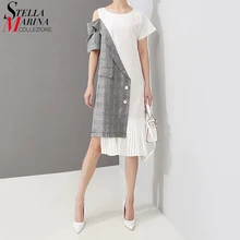 Новинка, корейский стиль, женское летнее Плиссированное асимметричное платье в стиле пэтчворк на одно плечо, Повседневное платье миди, женское платье 5108