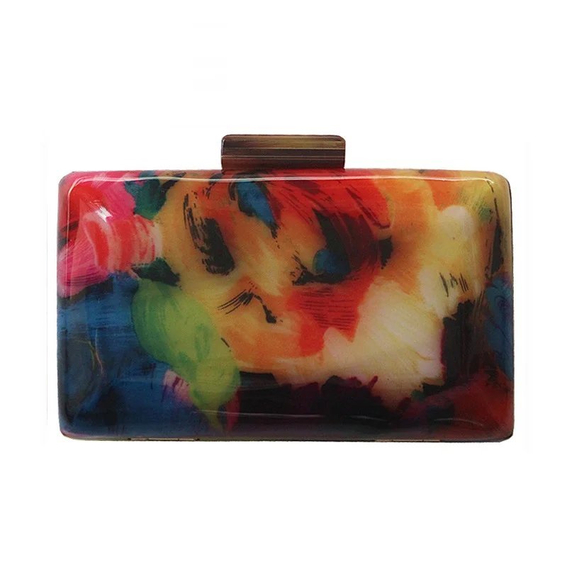 

2018 Ladies New Single Shoulder Diagonal Clutch Bag Evening Party Package Printed Multicolored Collision Color Acrylic Box Bag