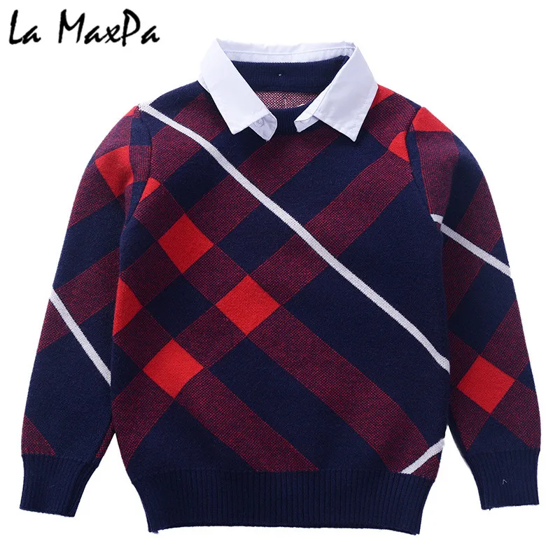 

2019 New Leisure Kids Children's Clothing, Boy Autumn Checked Knit Sweater T-shirt Coat Cuhk Children Joining Together 3-7Year