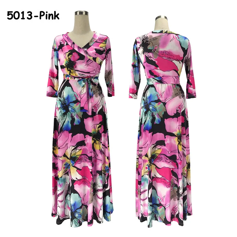 5013-Pink Dinminsta женское платье с коротким рукавом, v-образным вырезом, богемное платье, женское винтажное платье с цветочным принтом, элегантное пляжное платье-туника, вечерние платья - Цвет: 5013-Pink