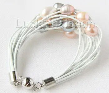 

>8" 13mm 15row white gray pink purple pearls white leather bracelet j9685
