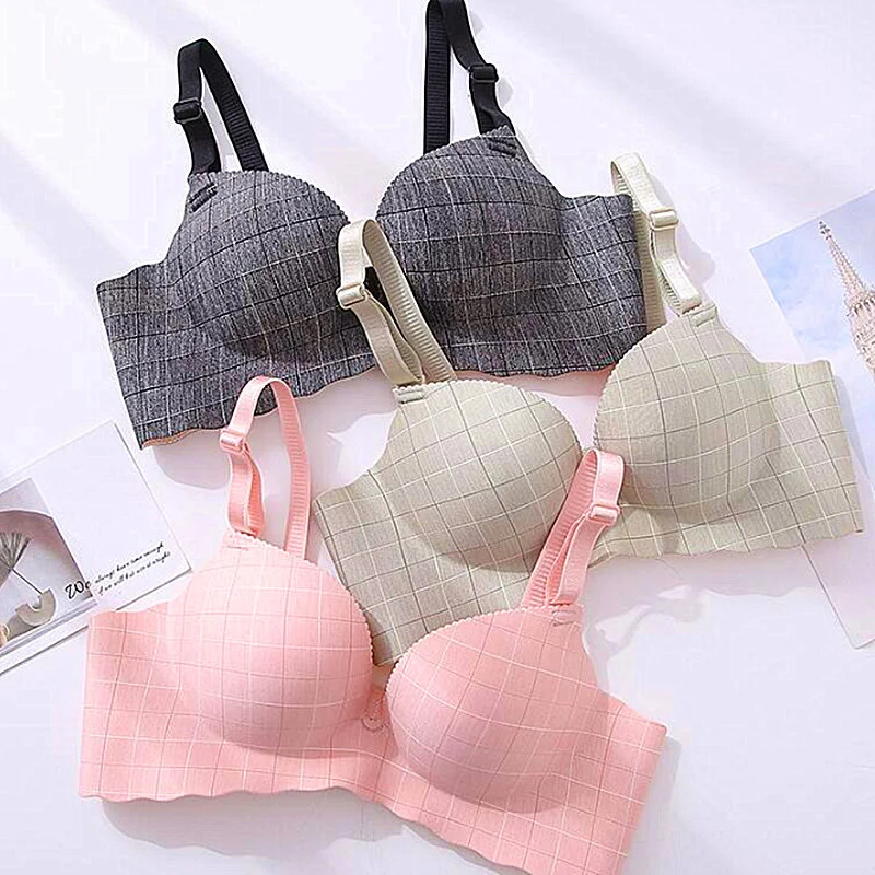  DERUILADY Fashion Plaid Seamless Push Up Bra Sexy Lingerie Women Adjusted Comfort Wireless Bralette