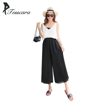 

Women Office Causal Wide Leg Pants Lady Reversible Solid Elastic Mid Waist Loose Chiffon Comfortable Breathable Trousers Bottom
