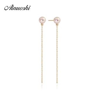 

AINUOSHI 18K Yellow Gold Pearl Chain Earring Natural Pearl Drop Link Earring Women Pearl Ear Line Dangle Earring Girls Jewelry