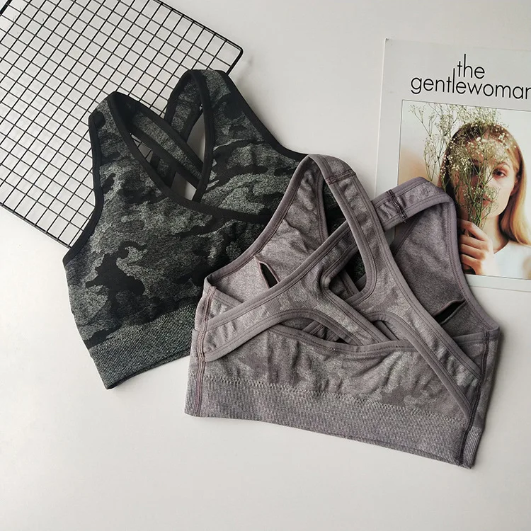 

Comfy Wide Stripes Cross Back Sports Bra Women Seamless Camo Yoga Bra High Impact Sport Fitness Bra Top Shockproof Running Bra