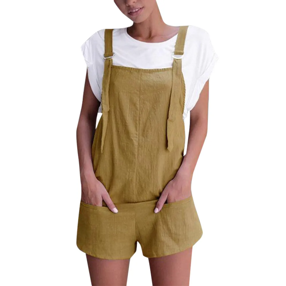 Women Summer fashion elegant jumpsuit Elastic Waist Dungarees Linen Cotton casual solid color rompers dungarees for women