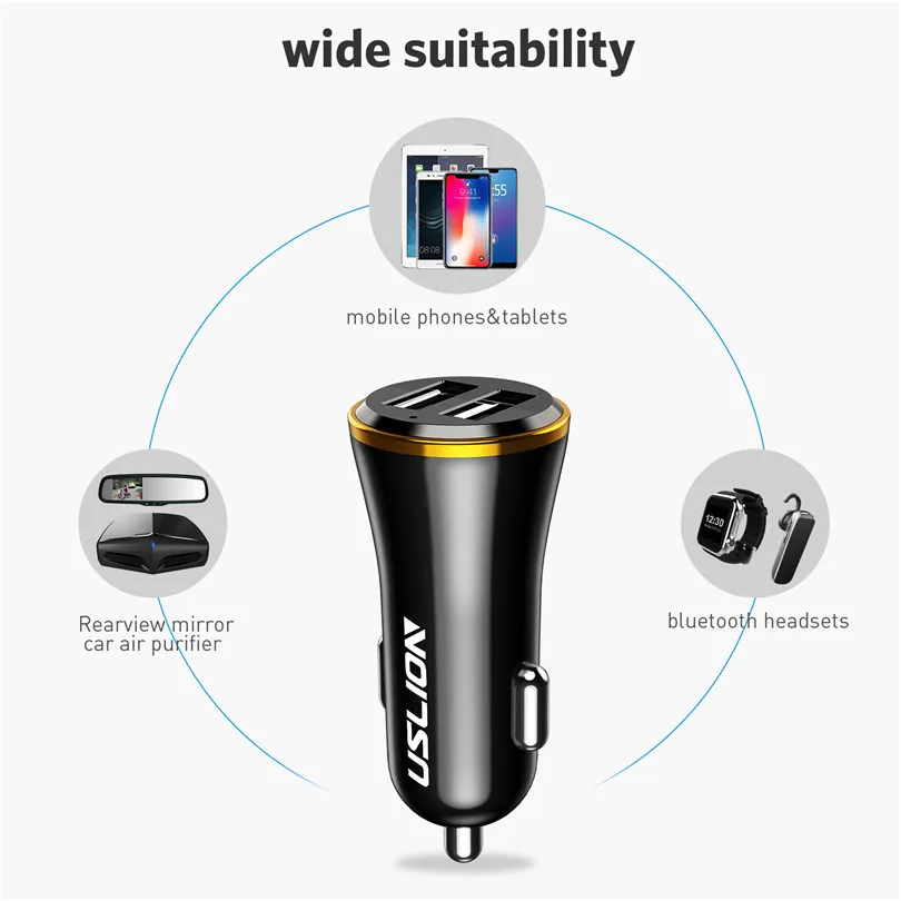 USLION مصغرة المزدوج USB شاحن سيارة للهاتف 2 ميناء USB سريع سيارة-شاحن آيفون 7 XR XS ماكس سيارة مهايئ شاحن الهاتف في سيارة